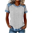 thumbnail image 2 of Xdegoge T Shirt for Women Crewneck Short Sleeve Casual Going Out Loose Fit Vertical Striped Patchwork Print Lightweight Breathable Summer Spring Tops Denim Look Splice Tees, 2 of 5