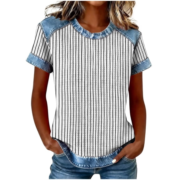 UAMVSH Short Sleeve Shirts for Women Crewneck Patchwork Knit Tops Casual Summer Loose Striped T Shirt Fashion Clothing
