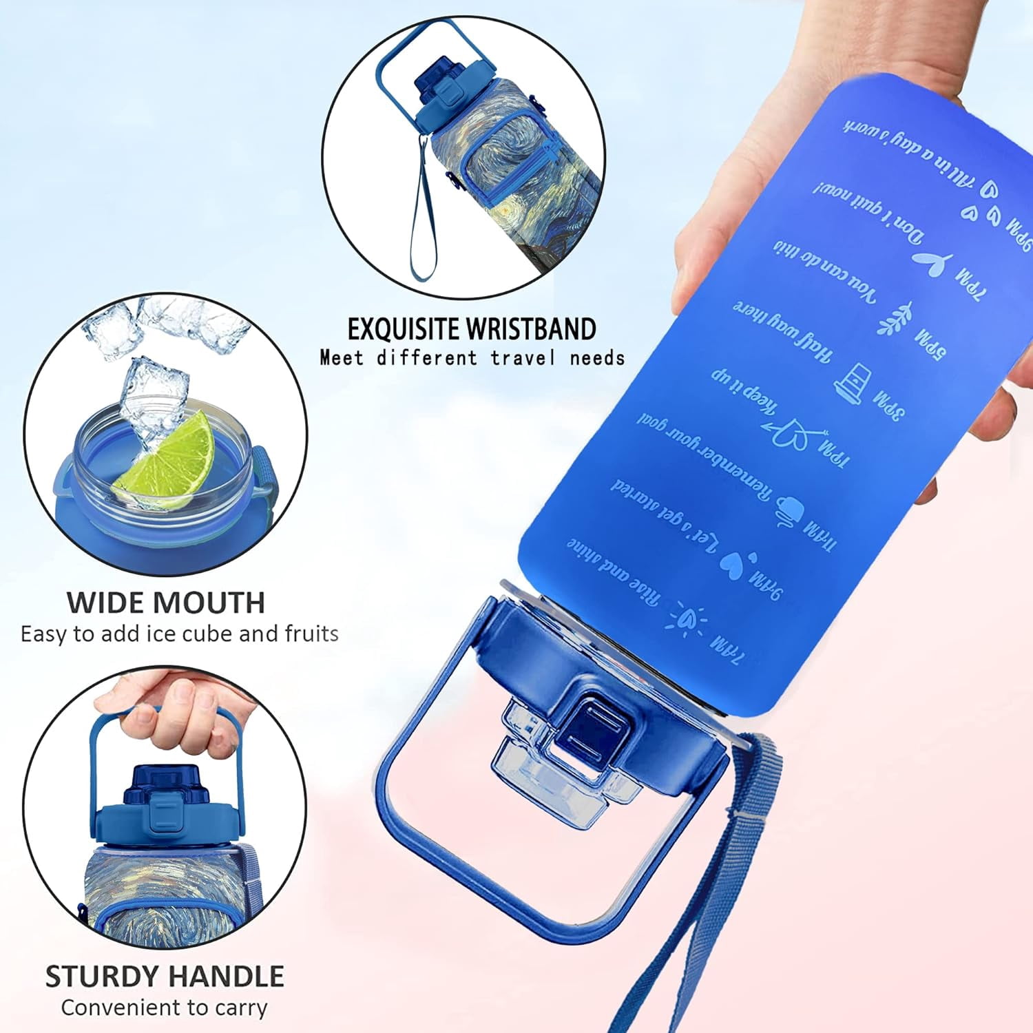 Half Gallon Water Bottle with Sleeve Water Bottle 64 Oz Water Bottle with Time Marker, 1/2 Gallon Water Bottles Half Gallon Water Bottle with Straw and Gym Yoga 1/2 Gallon Water Jug for Women Starsky