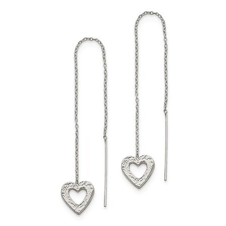 Sterling Silver Fancy Hammered Heart Threader Earrings (2IN x 0.3IN )