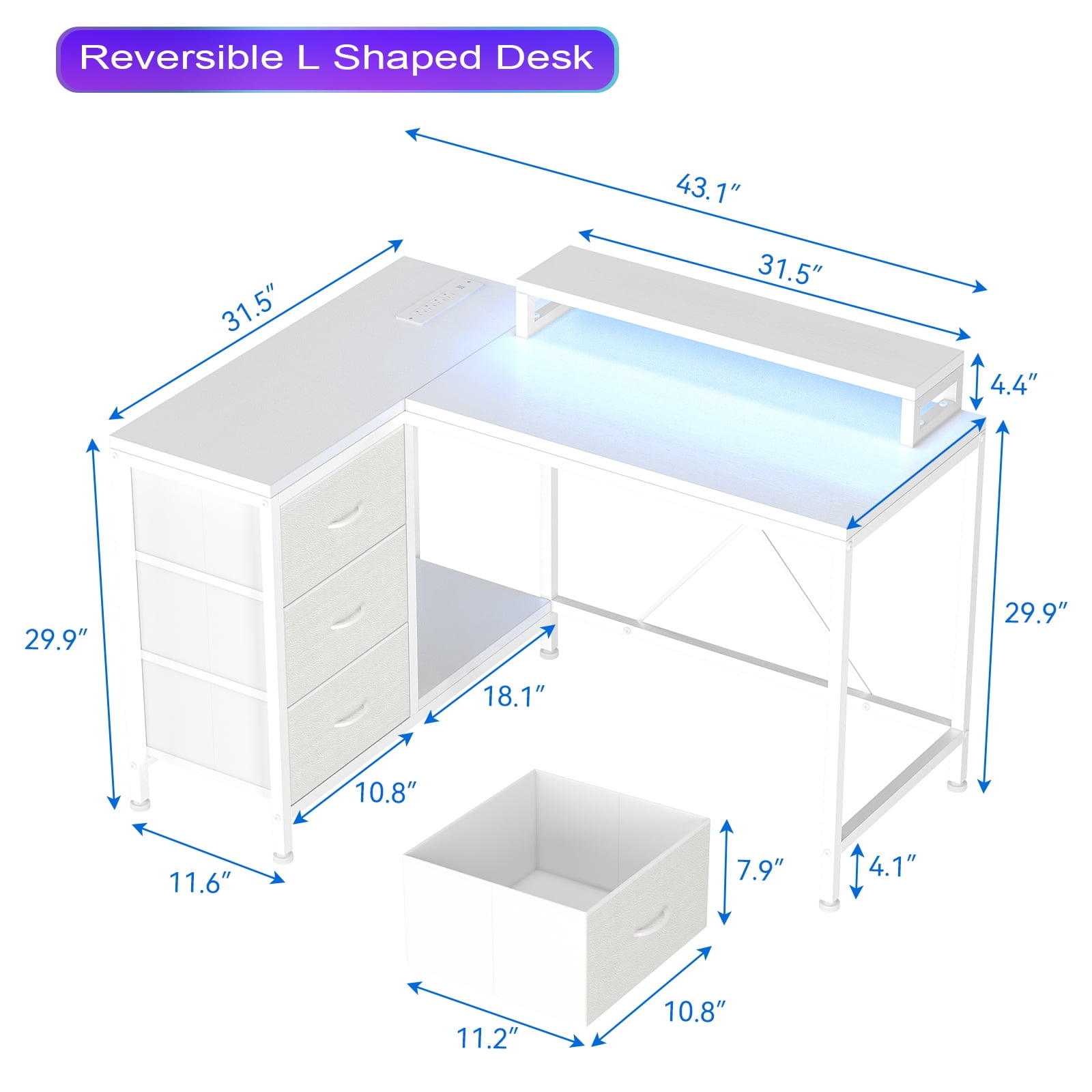 AOILE Computer Desk with Power Outlets & LED Lights | Modern L-Shaped Desk with Three Drawers, Adjustable Riser, and Easy Assembly, Ideal for Corner, Gaming, and Home Office Use