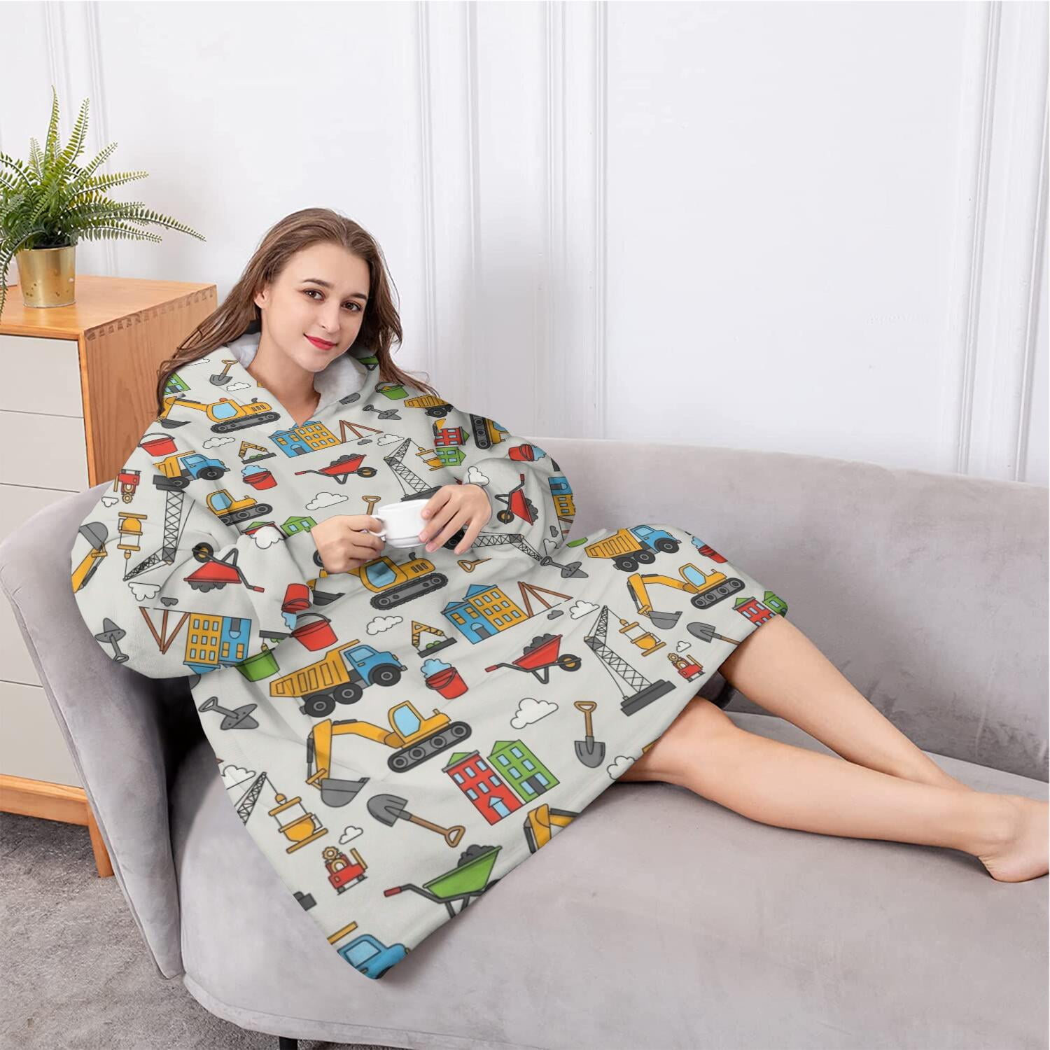 Oversized Wearable Blanket Hoodie,Cartoon Construction Vehicles Shovels Light Gray Pattern Sherpa Blanket Hoodie with Super Pockets,Super Warm Fuzzy Pullover for Women & Men