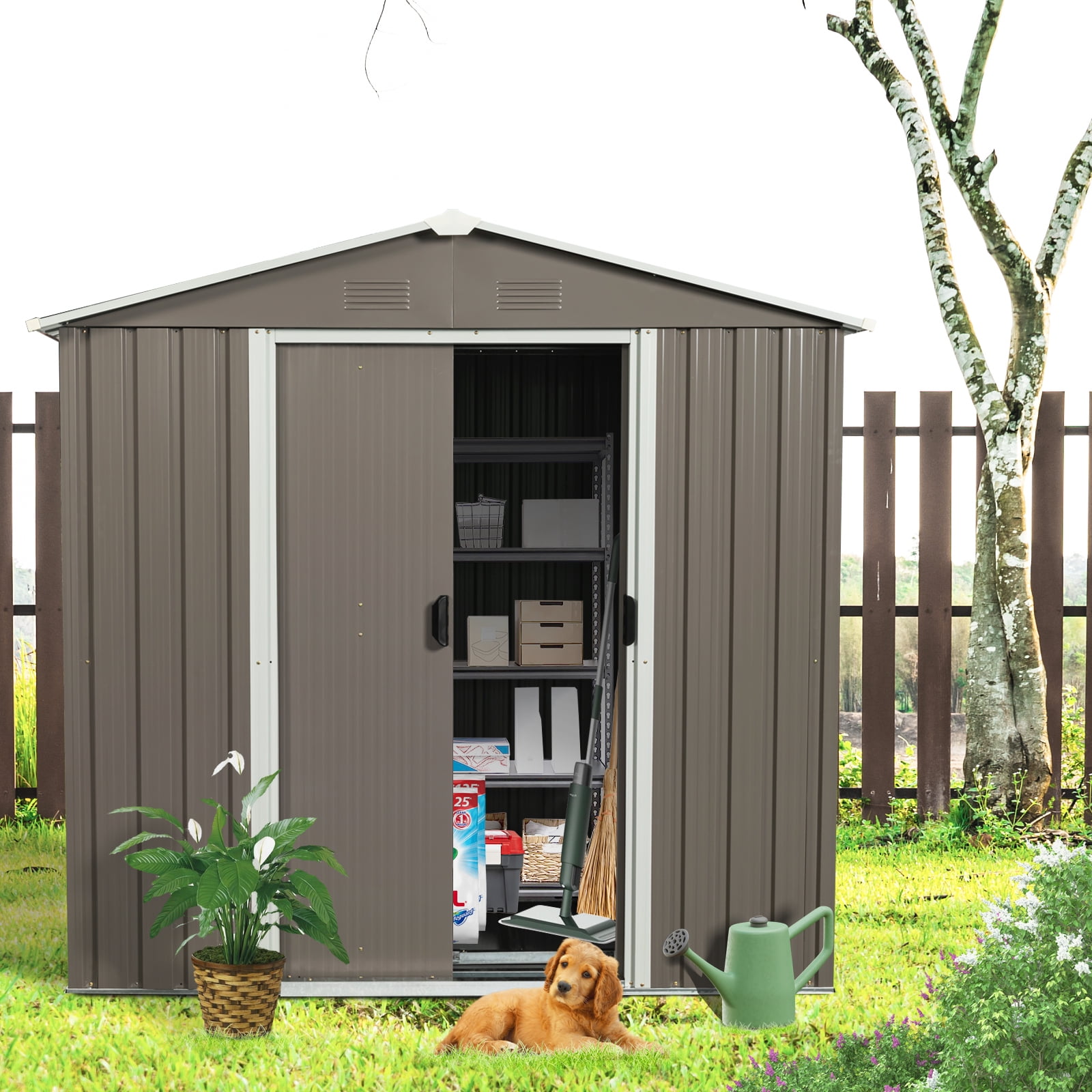 CarButler 6x5ft Metal Outdoor Storage Shed with Lockable Sliding Doors for Garden Backyard Patio Lawn Gray