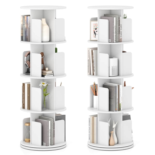 Costway 2 PCS 4-Tier Rotating Bookshelf 360° Display Rack Dividers & Anti-falling Baffles White