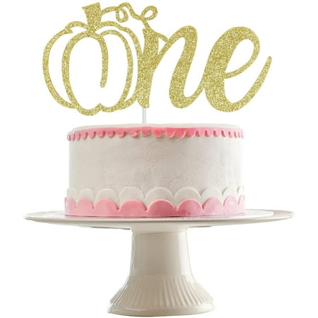 Gold Glitter Pumpkin Cake Topper - 'Our Little Pumpkin Is Turning One' First Birthday Decor