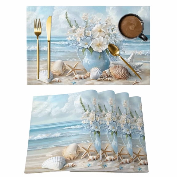 Coastal Flowers Placemats Set of 6 Blue Ocean Starfish Shell Beach Scenery Place Mats Indoor Wipeable Table Mats Washable Cloth Dining Table Placemats for Kitchen Holiday Party Home Decor 13x19 Inch