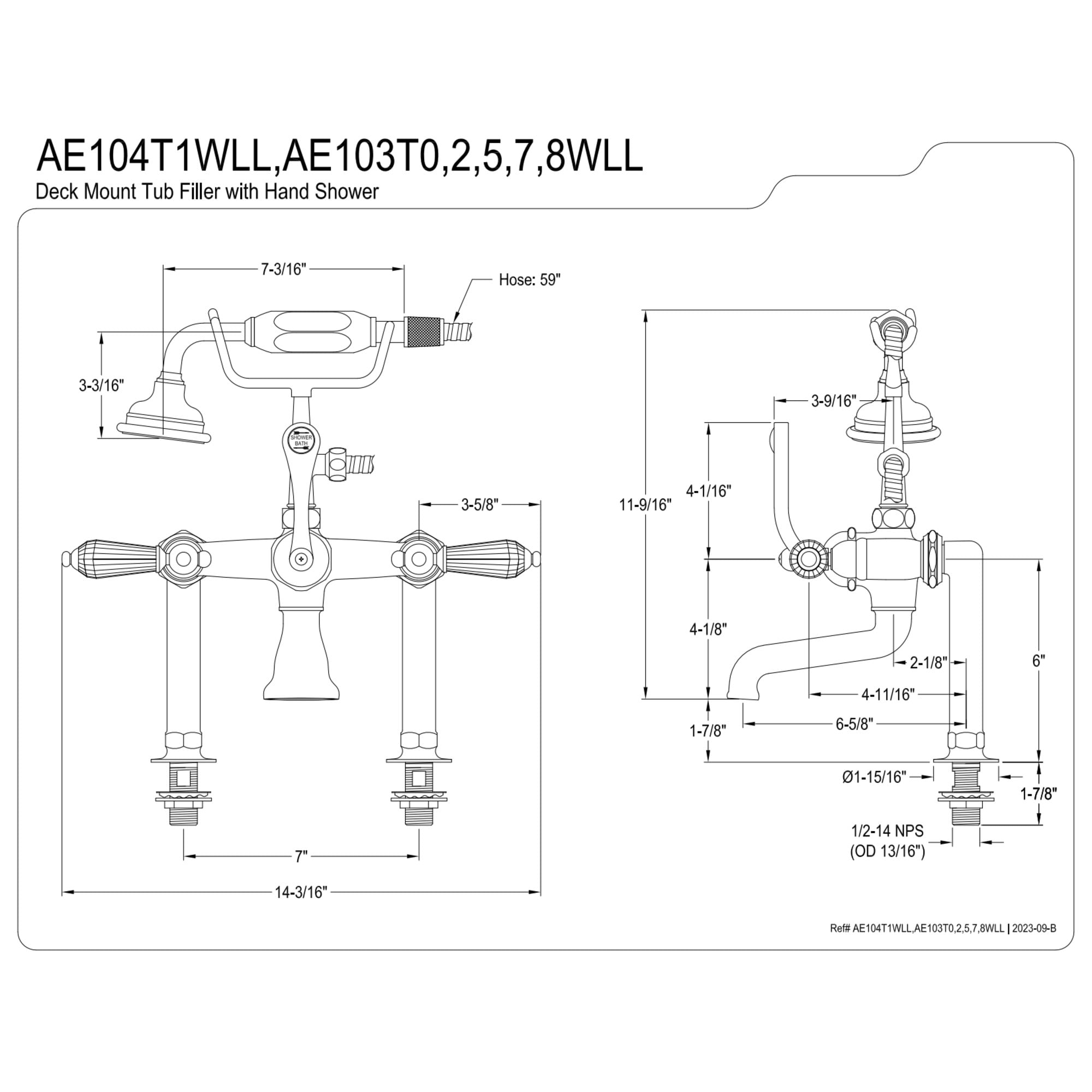 Kingston Brass AE103T2WLL Wilshire Three-Handle 2-Hole Deck-Mount Clawfoot Tub Faucet with Hand Shower in Polished Brass