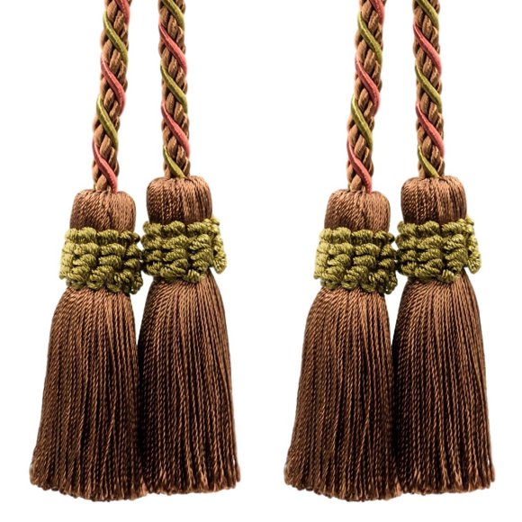 Alexander Coll. Decorative Double Tassel Curtain and Drapery Tieback / Holdback, 2" Tassel (5cm), 26" Spread (66cm) # CTAX,, Holiday Chocolate Red #LX08 (Light Brown, Light Red, Olive Green) Set of 2