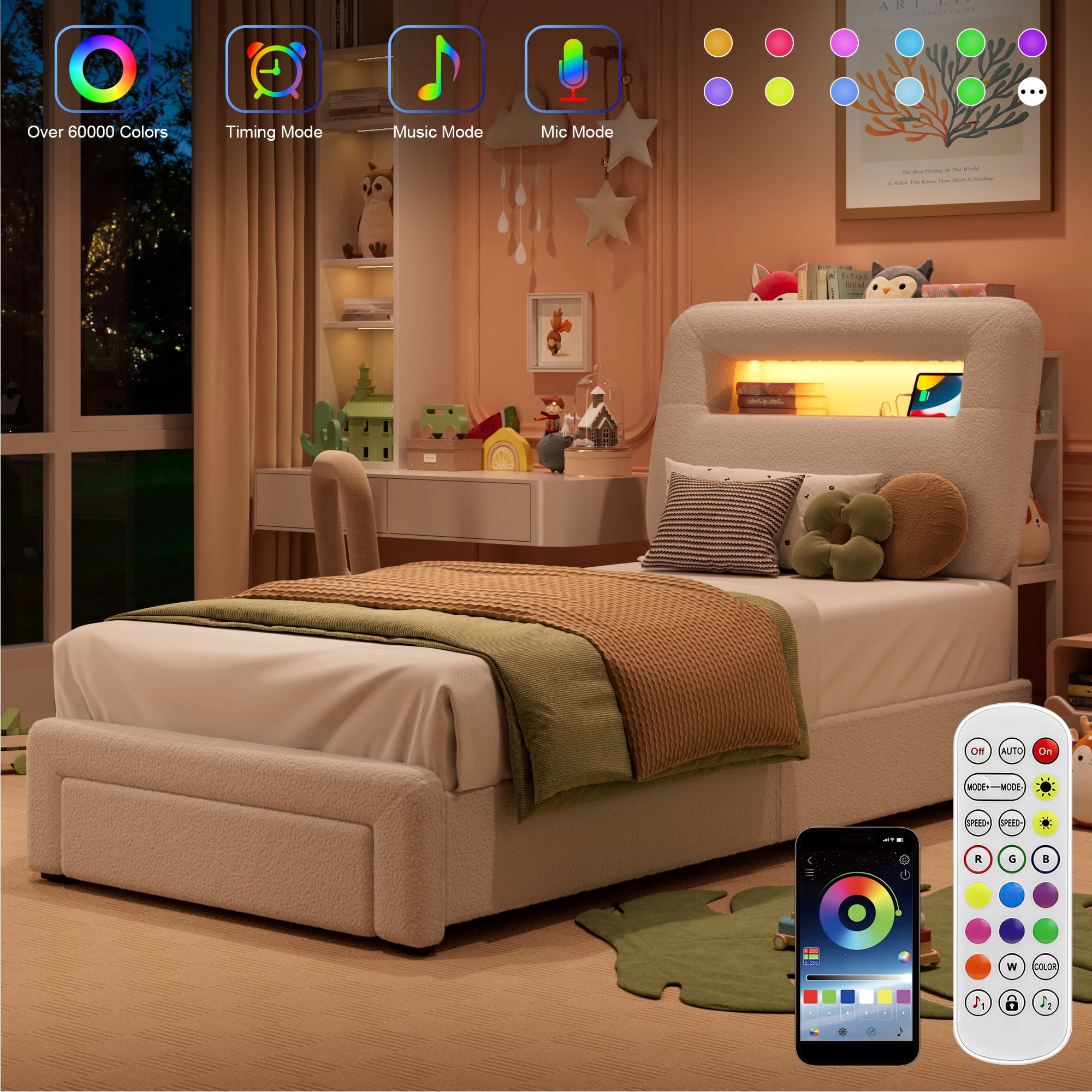 Miniyam Twin Bed with Storage Drawer, Sherpa Upholstered Headboard, LED Light & USB Charging for Kids