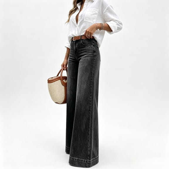 Women's High Rise Wide Leg Flare Jeans Retro Vintage Washed Dark Blue Bell Bottom for Casual Street Style Black