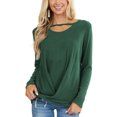 thumbnail image 2 of Top de manga larga para mujer, dobladillo torcido, escote recortado, informal, suelto, color sólido, manga larga, jersey, camiseta, top verde M, 2 of 6