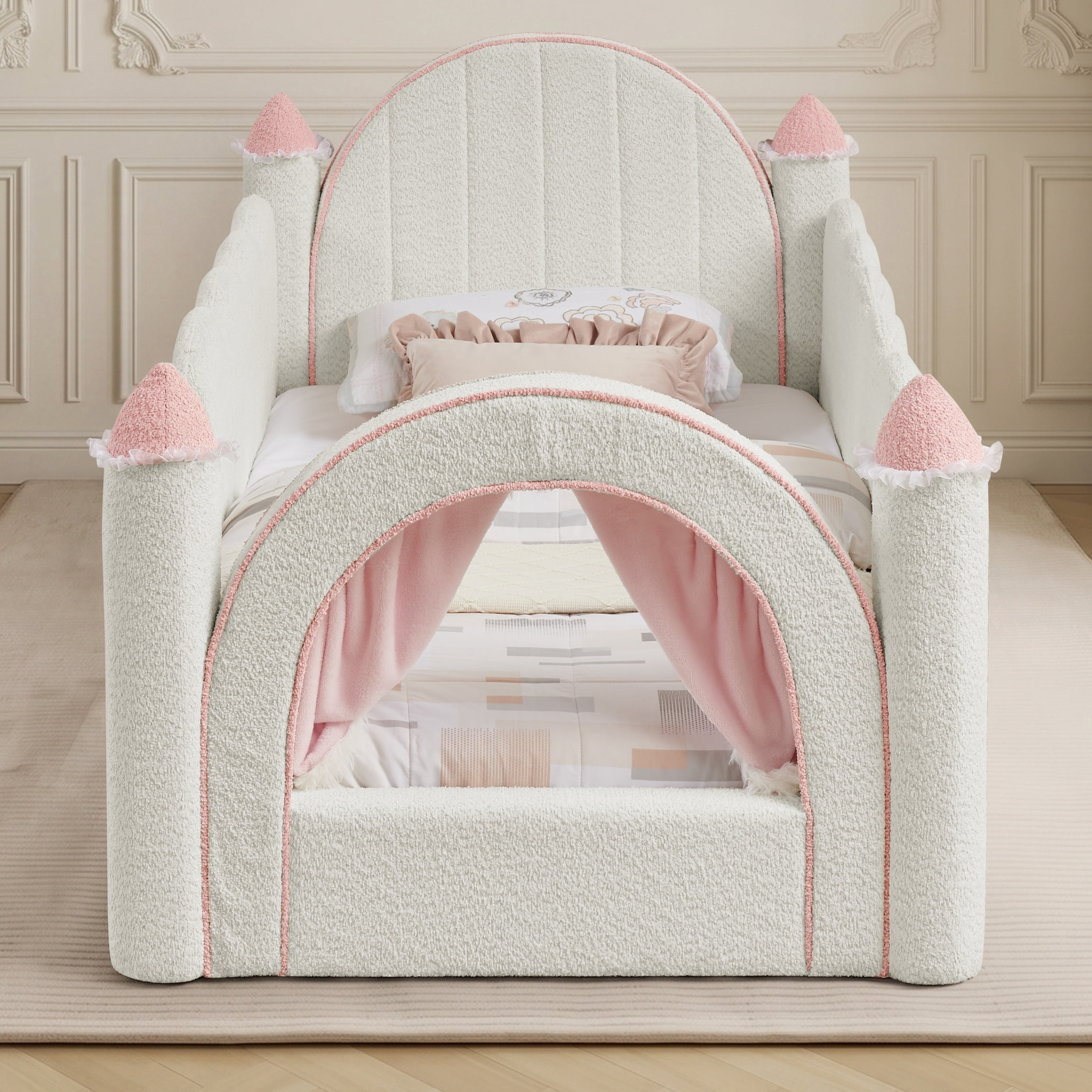 Twin Size Castle-Shaped Kids Floor Bed with Safety Guardrail, Low Profile Upholstered Platform Bed Frame with Small Curtain