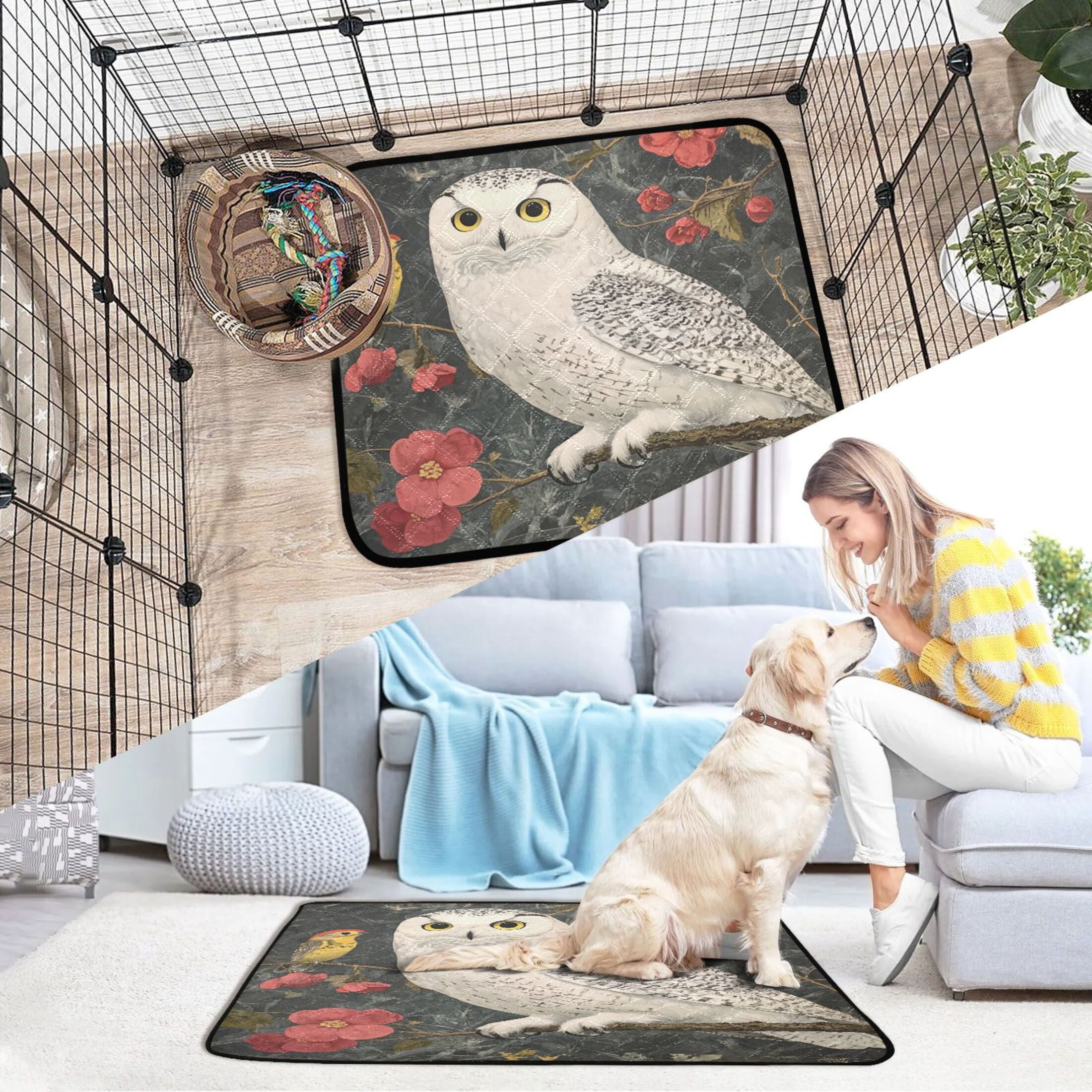 Qxltty Snowy Owl Cat litter Pads Pet Set of 3 Diaper Mats Center Anti-leakage Layer Absorbent Soft and Comfortable