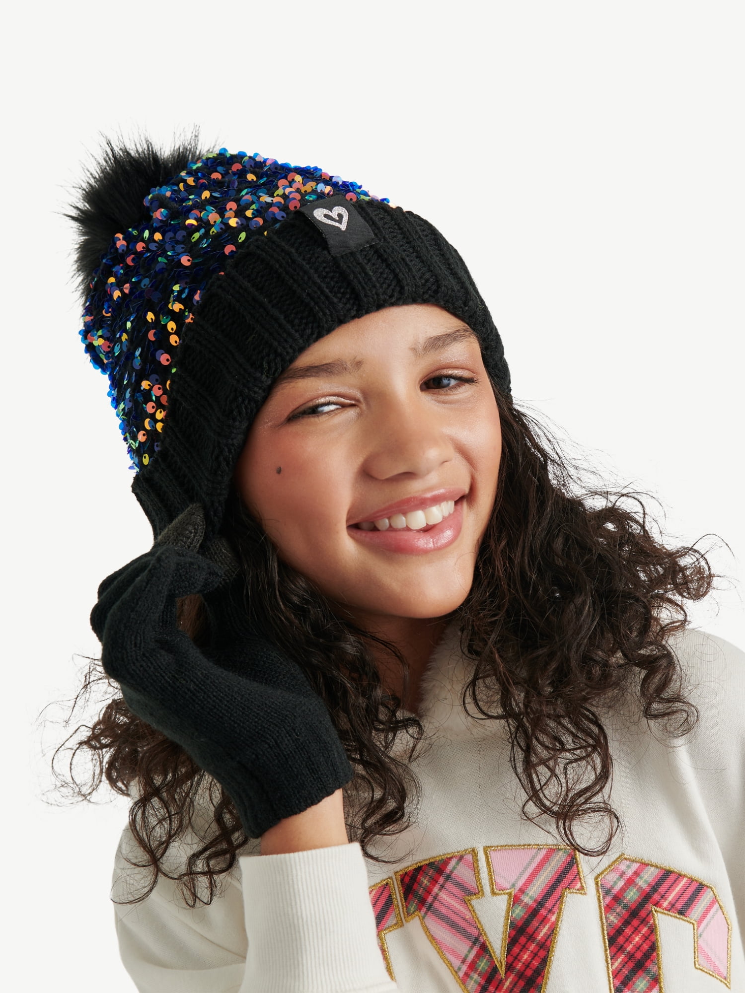 Justice Girls Velvet Sequin Hat and Glove Set, Black