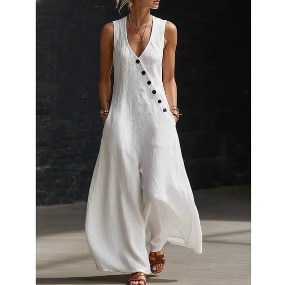 RongHuan Women's Cotton Linen Jumpsuit Adjustable Overalls Side Button Wide Leg Jumpsuits Baggy Sleeveless Romper with Pockets