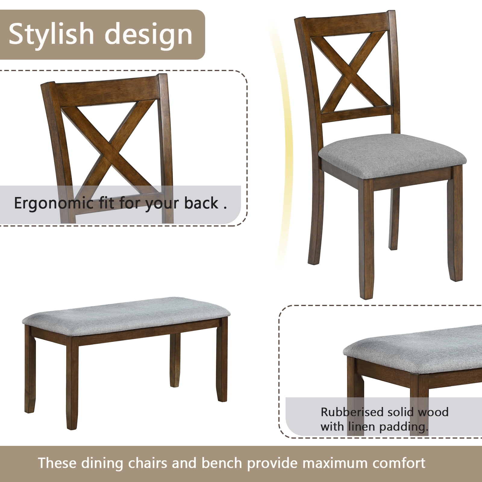 HOQBN 6 PieceKitchen Dining Table Set,Rectangular Wooden Dining Table with 4 Upholstered Chairs and a Bench, Dining Table Set for 6 People, Living Room, Home Bar and Kitchen,Walnut