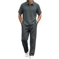 thumbnail image 2 of Cagogo Men's Plus Size 2 Piece Outfits Collared Short Sleeve Shirt Wide Leg Pants Casual Sets Solid Lounge Matching Suits Travel Vacation, Dark Gray M, 2 of 5