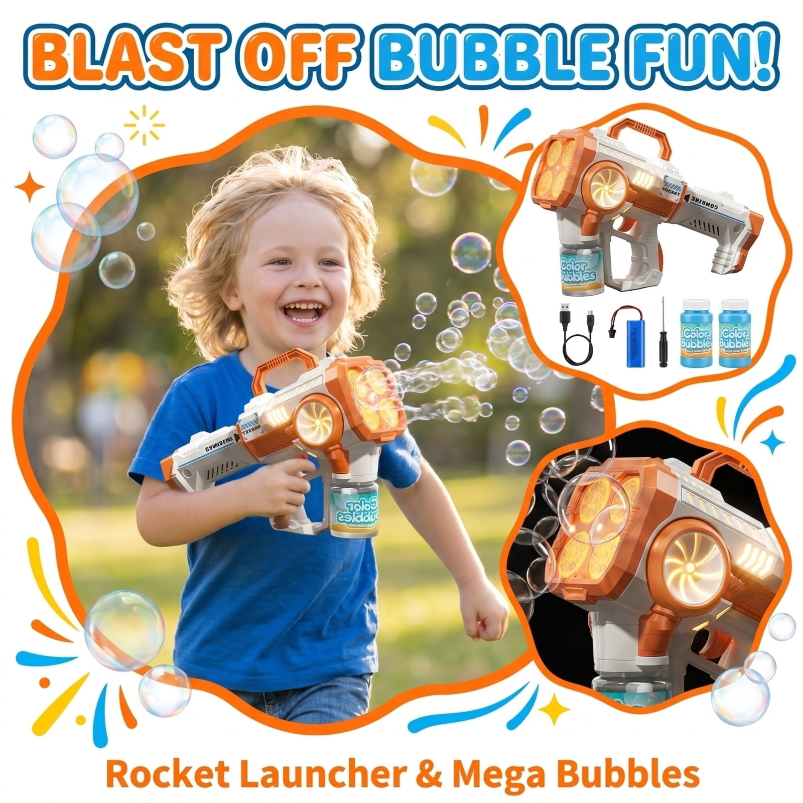 Rocket Style Bubble Maker Machine, Automatic 4 Hole Bubble Blower with LED Light, 140ML Bubble Solution and Rechargeable Set, Portable Bubble Machine for Party Festival Outdoor Events (Orange)