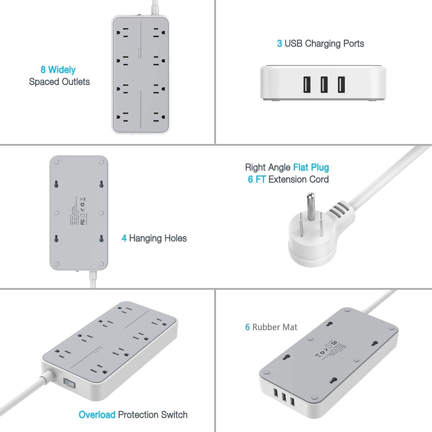 TESSAN 6ft Extension Cord Power Strip, Surge Protector with 8 Outlets and 3 USB, Overload Protection