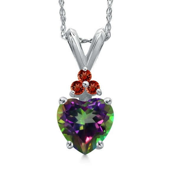 Gem Stone King 14K White Gold Green Mystic Topaz and Red Garnet Pendant Necklace for Women | 0.98 Cttw | Gemstone November Birthstone | Heart Shape 6MM | With 18 inch Chain