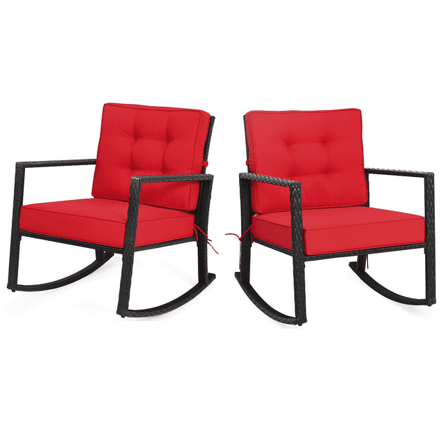 Patiojoy 2PCS Outdoor Wicker Rocking Chair Glider Rattan Rocker Recliner with Red Cushion