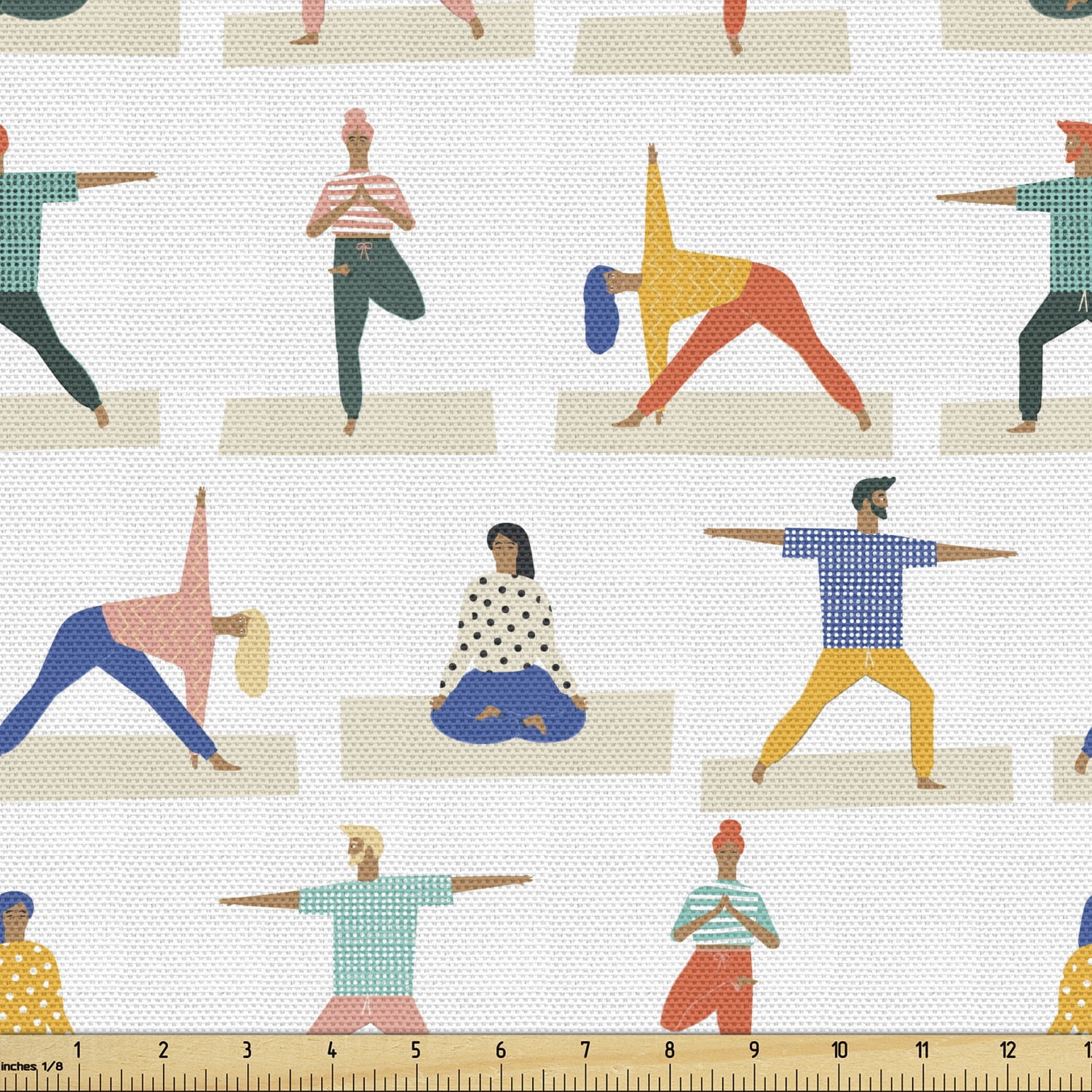 Yoga Fabric by the Yard Upholstery, Cartoon Style People Doing Yoga in
