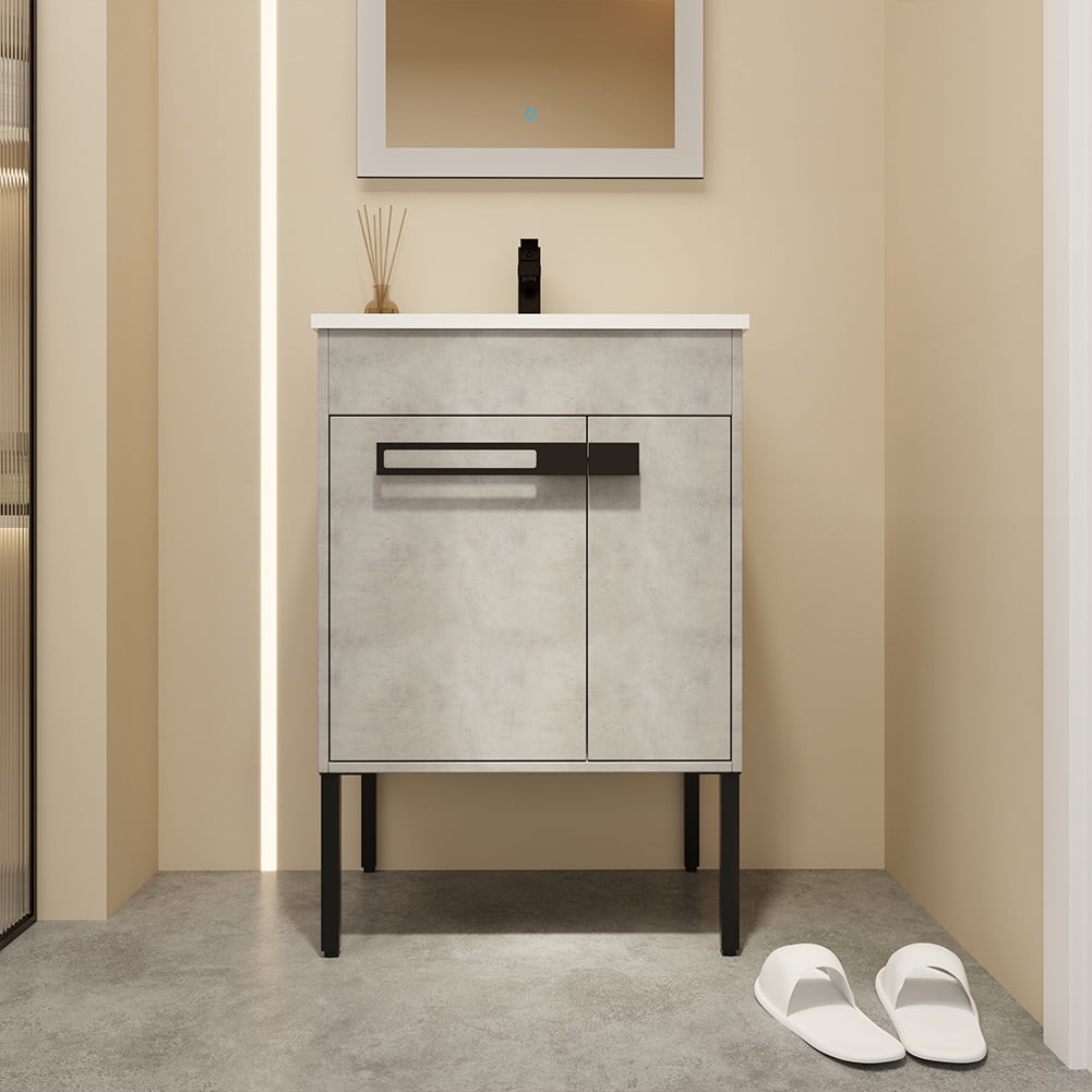 24" Bathroom Vanity with Sink Combo Bathroom Vanity Ceramic Single Basin Set with Doors Adjustable Shelves for Bathroom, Gray 24"