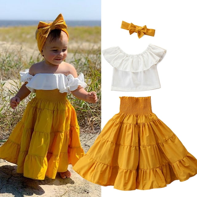 Xingqing 2pcs Kids Baby Girl Clothes Off Shoulder Crop Top Ruffle Tutu A-Line Skirts Headband Outfits Set