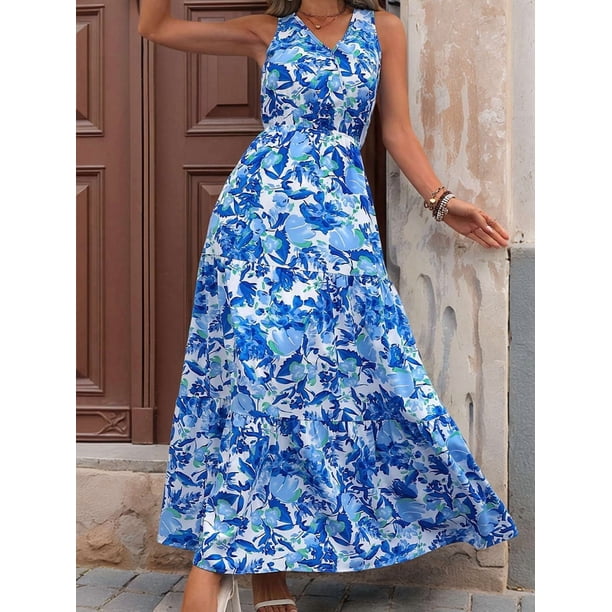 cute formal maxi dresses Women'S Summer Casual Sleeveless Dresses Floral Long Dress Wedding Guest Dress Blue Flower L Summer 2023