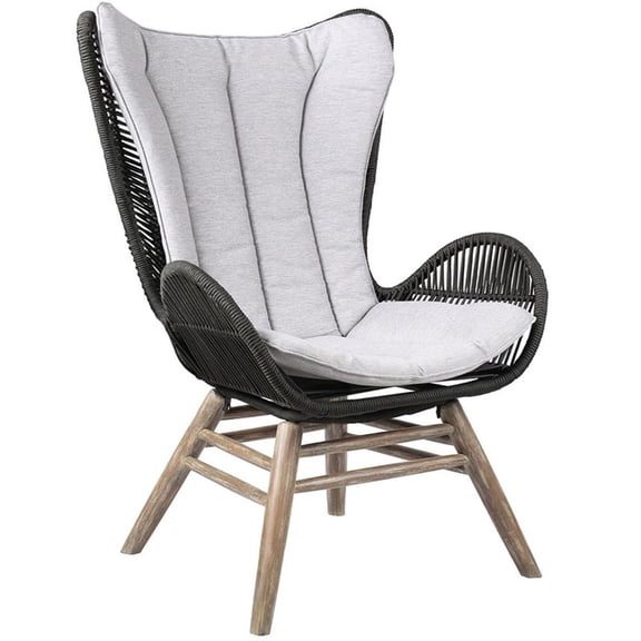 King Indoor Outdoor Lounge Chair in Light Eucalyptus Wood with Charcoal Rope and Gray Cushion