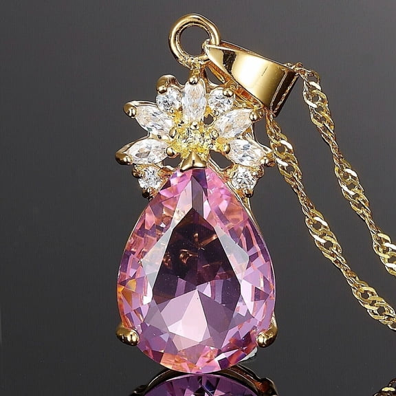 2Ct Pear Cut Lab-Created Pink Sapphire Pendant Necklace 14K Yellow Gold Plated
