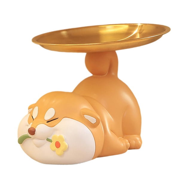 Estatua de perro, figura decorativa, bandeja de almacenamiento de escritorio, linda joyería de resina multiusos Amarillo