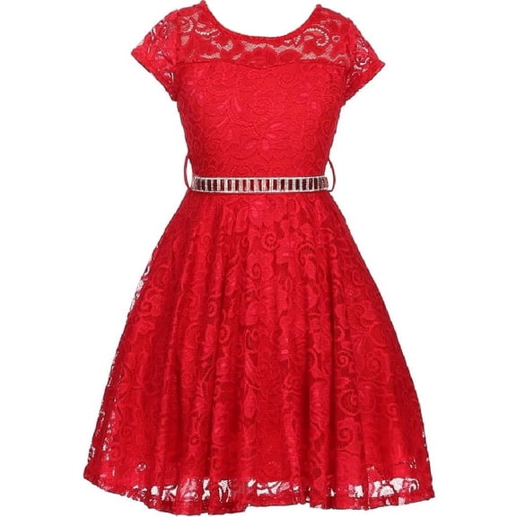 Lovely Floral Lace Rhinestones Skater Party Easter Flower Girl Dress for Little Girl Red 2 JK19.88S BNY Corner