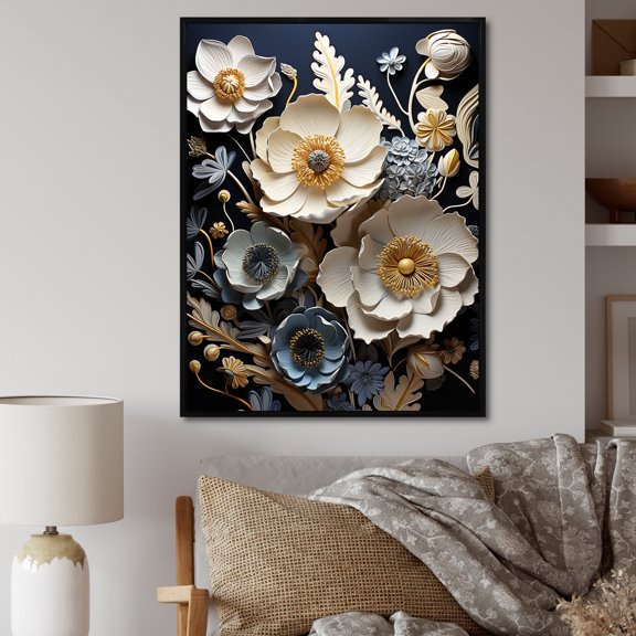 Designart "Dark Blue Shadowed Buttercups" Buttercups Floater Framed Canvas Wall Art