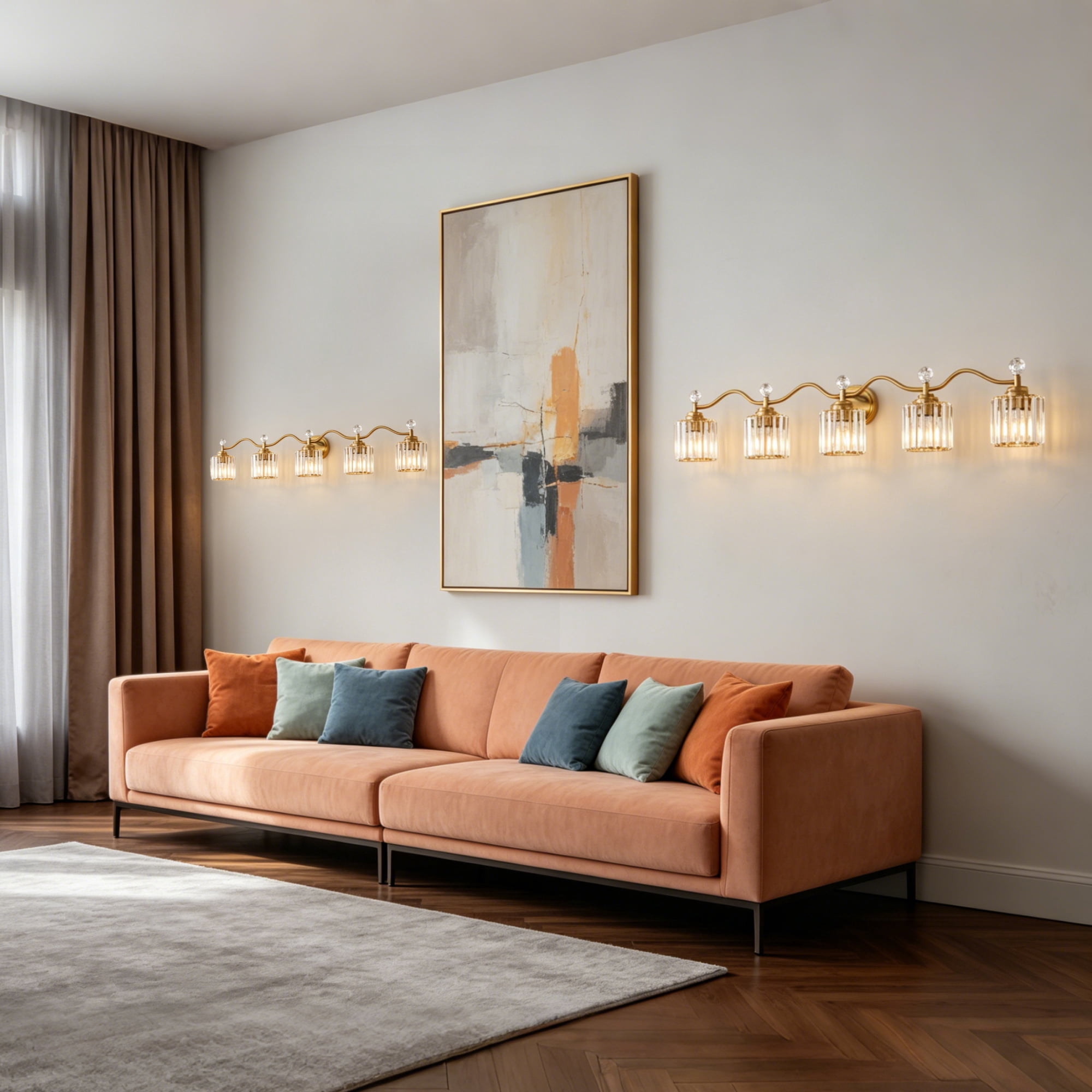 Deyidn 44.5" Modern 5-Light Gold Bathroom Vanity Light - Dimmable Bathroom Transitional Fixture with Crystal Glass Shades