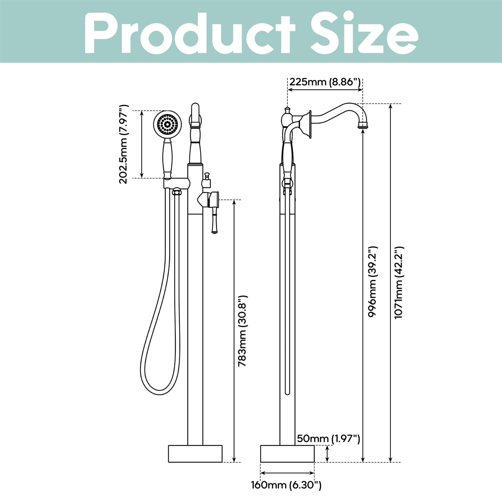 ANGELES HOME Freestanding Tub Faucet with Handheld Shower, Floor Mount Bathtub Filler, Roman Bathtub Faucet with Swivel Spout Brass Rough-in and Water Hose, Brushed Gold