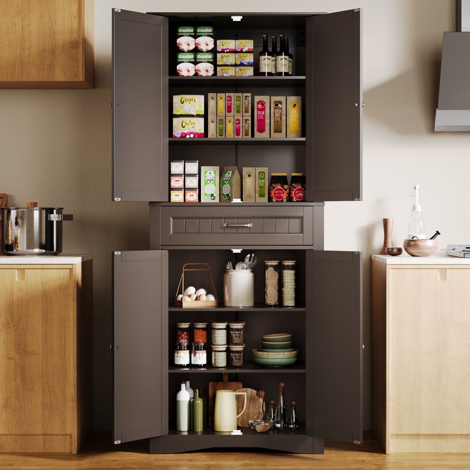 Aiho 71"H Kitchen Storage Cabinet – with Doors, Shelves & Drawer, Large Freestanding Storage for Kitchen, Craft Room Dark Brown