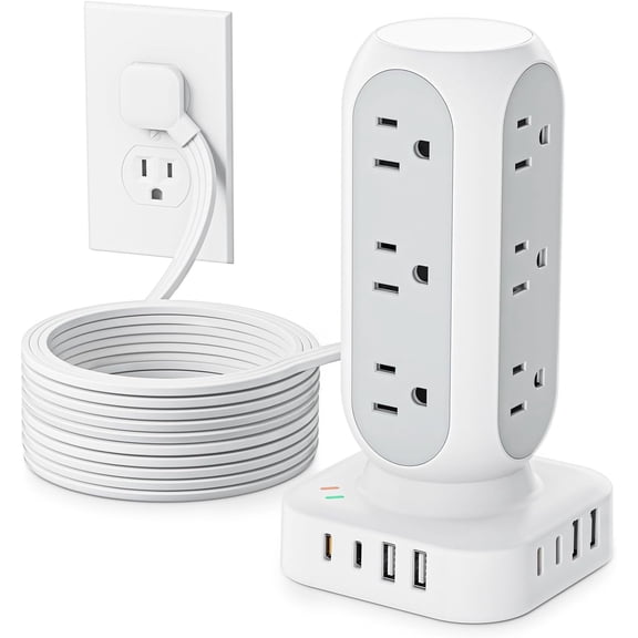 Flat Plug Power Strip Tower 10FT, 40W Total Fast Charging Station, Dual PD 20W USB-C Surge Protector with 12 AC Outlets and 8 USB Ports (4 USB C), Long Extension Cord for Home Office Dorm Room