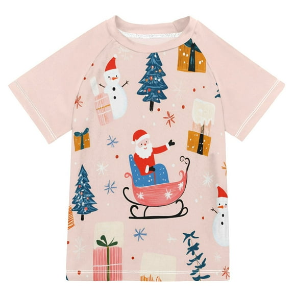 FORMRS Boys Rash Guard with Short Sleeves UPF 50  Swim Shirts Sizes 3-12T, Blue Christmas Santa