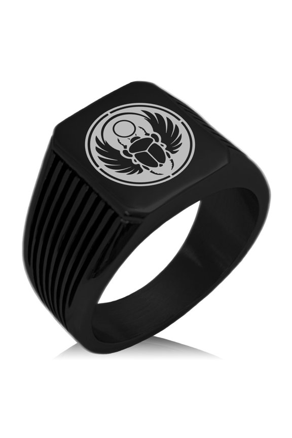 Stainless Steel Scarab Beetle Sun Ring Needle Stripe Pattern Biker Style Polished Ring