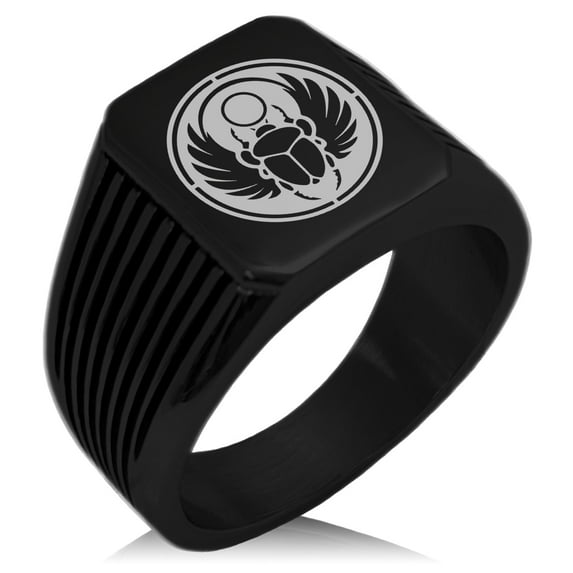 Stainless Steel Scarab Beetle Sun Ring Needle Stripe Pattern Biker Style Polished Ring
