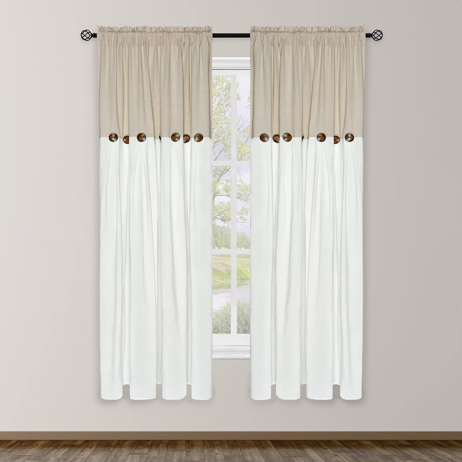 Alishomtll Linen Curtains Farmhouse Boho Button Light Filtering Window Drapes For Living Room Bedroom,Rod Pocket,63"L x 52"W, 2 Panel,White Linen