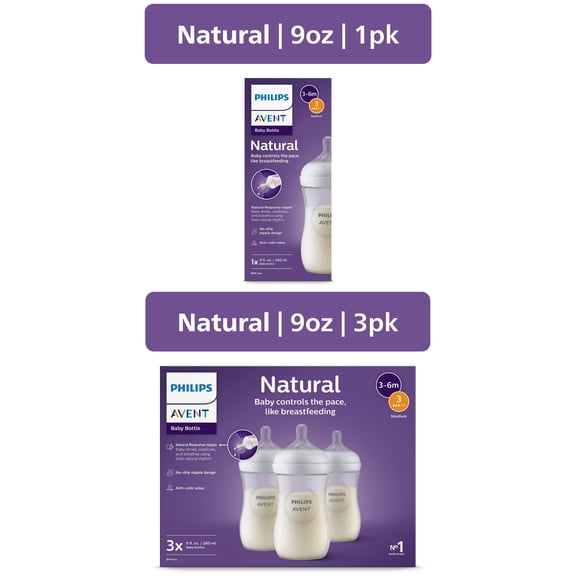 Philips Avent Natural Baby Bottles with Natural Response Nipples (Medium Flow, Flow 3), 9oz, 4-Pack, SCY903/93