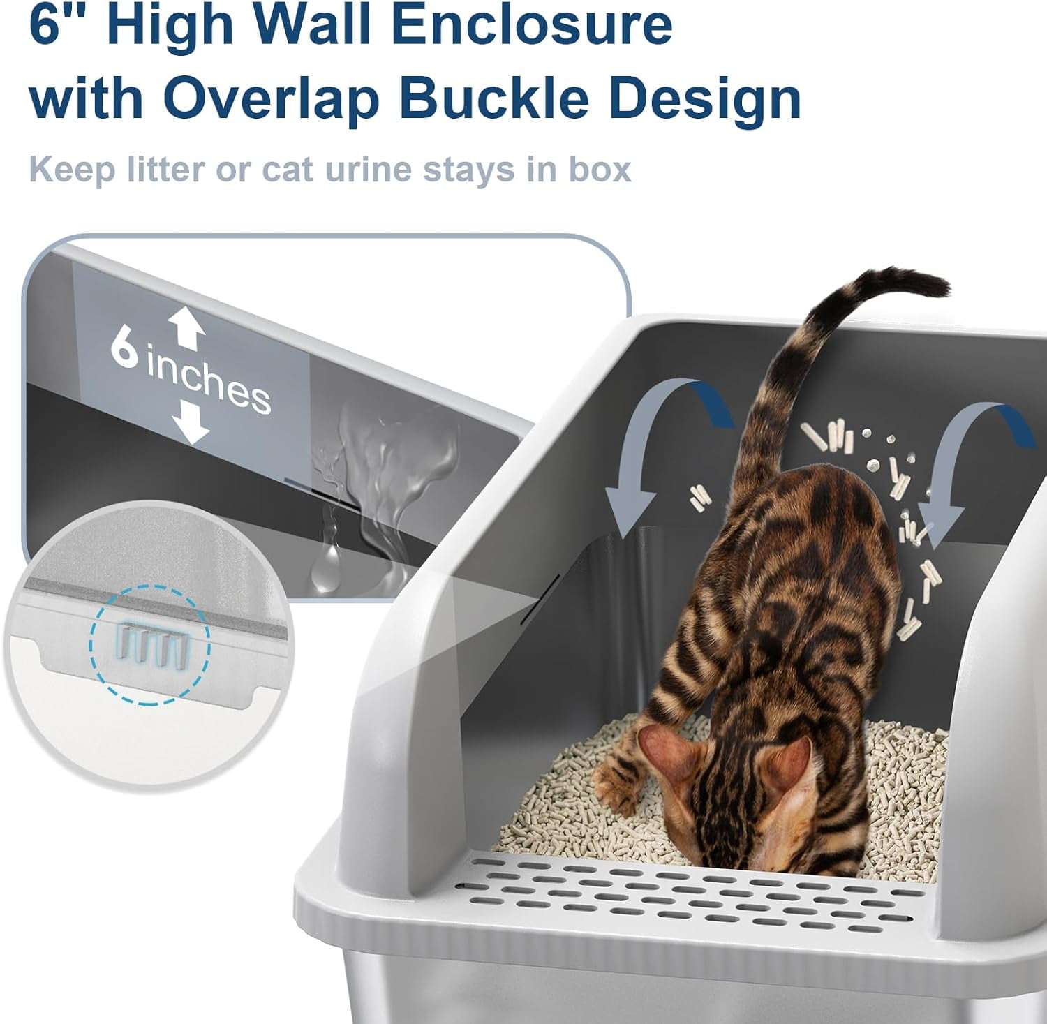 6" Deep Stainless Steel Cat Litter Box with Lid Extra Large Litter Box for Big Cats XL Metal Litter Pan Tray with High Wall Sides Enclosure, Non-Sticky, Anti-Leakage, Easy Cleaning