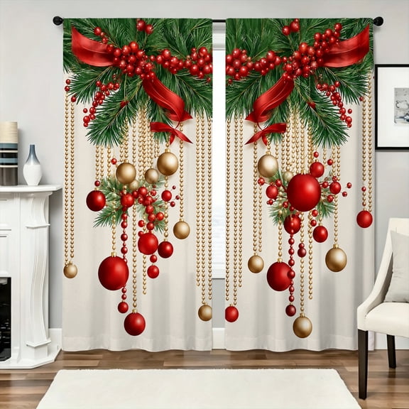 1 Pair Elegant Red & Gold Christmas Pine Branch Bauble Window Curtains, 2D Printed Holiday Decor for Bedroom & Living Room, Thanksgiving Family Gathering & Seasonal Gift