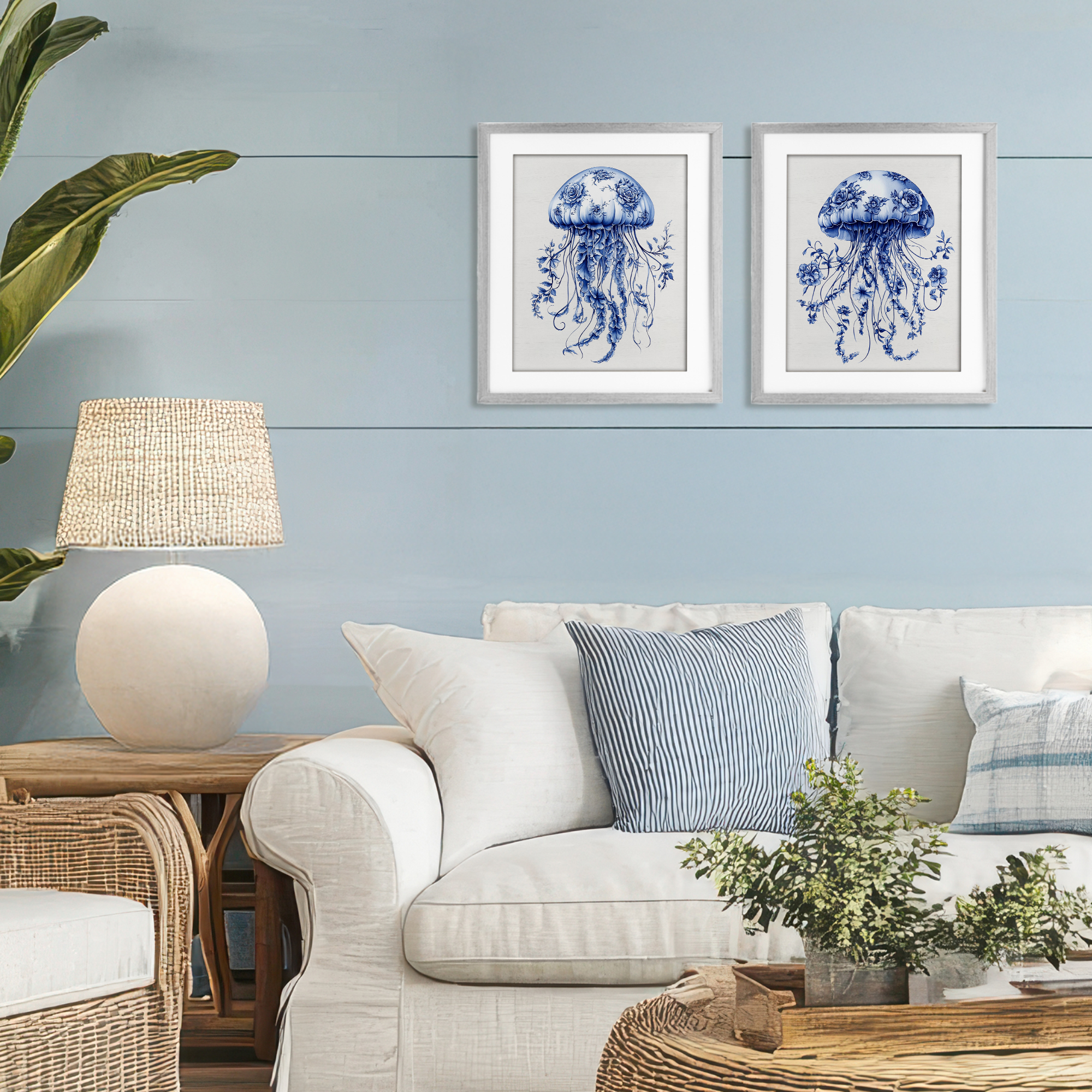 Funky Florals Toile Jellyfish 2 Piece Gray Framed Print Under Glass Set, design by Lettered and Lined