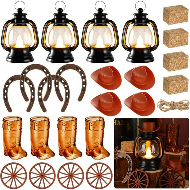 24 Piezas de Decoración para Fiesta Temática de Vaqueros, Mini Sombrero de Vaquero, Linterna, , Rueda de Carreta, Fardos de Heno para Bodas y Cumpleaños del Oeste.