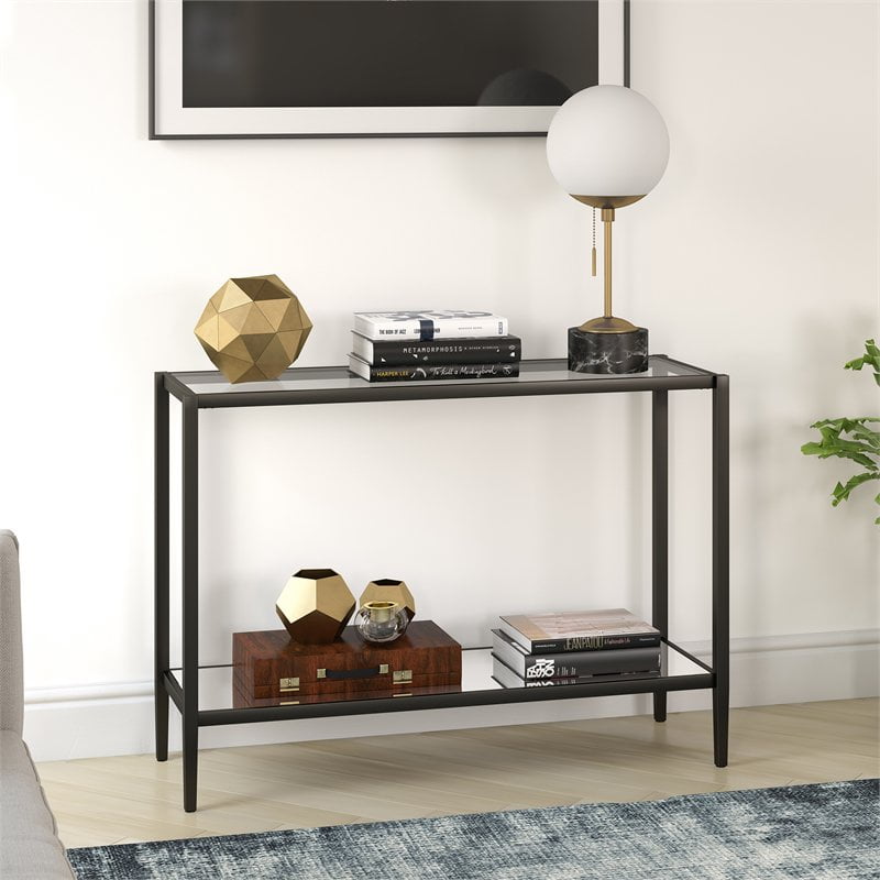 2Tier Rectangular Modern Sofa Console Table, Mirrored Glass Entryway Table with Open Shelf, in