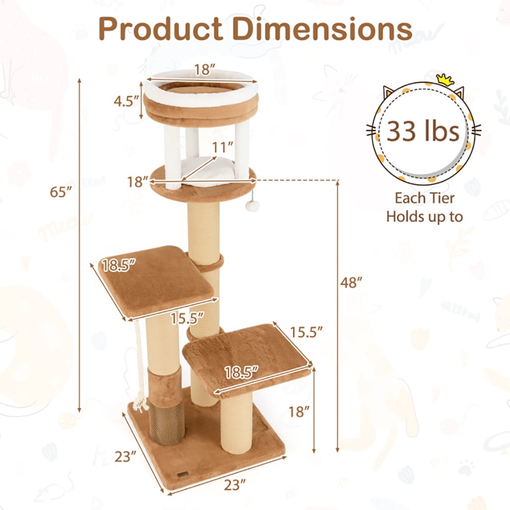 Spaco 65 Inches Tall Cat Tree, Cat Tree with Self-groomer and Removable Cat Bed, Coffee