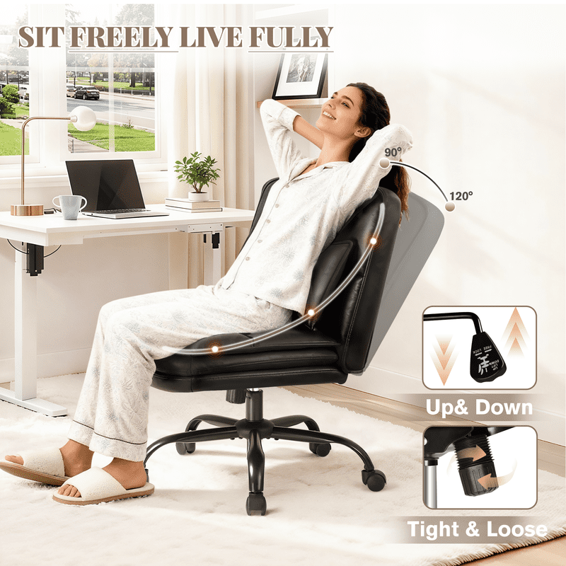 Homall Cross Legged Wide Seat Office Chair with Wheels, Office Armless Desk Chair, Modern Swivel Computer Task Chair Height Adjustable Vanity Chair,PU Leather,Black